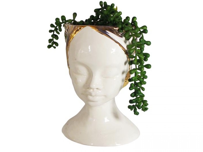 Handmade Ceramic Lady Planter - White And Gold Lustre Handmade Ceramic Lady Planter - White And Gold Lustre